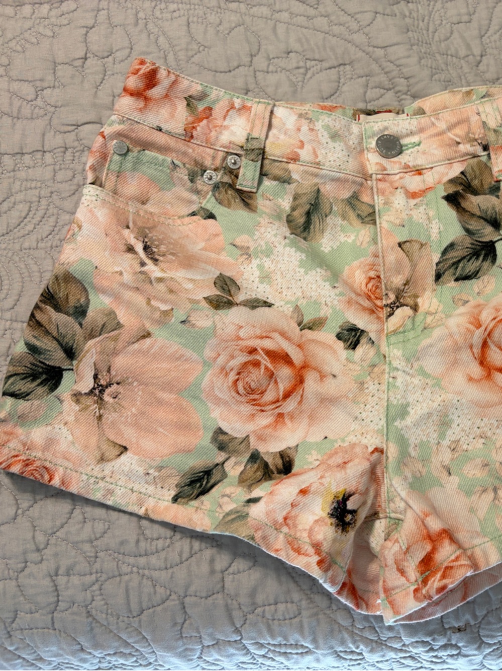 Alice + Olivia Peach Floral High-Rise Jean Shorts on Mint